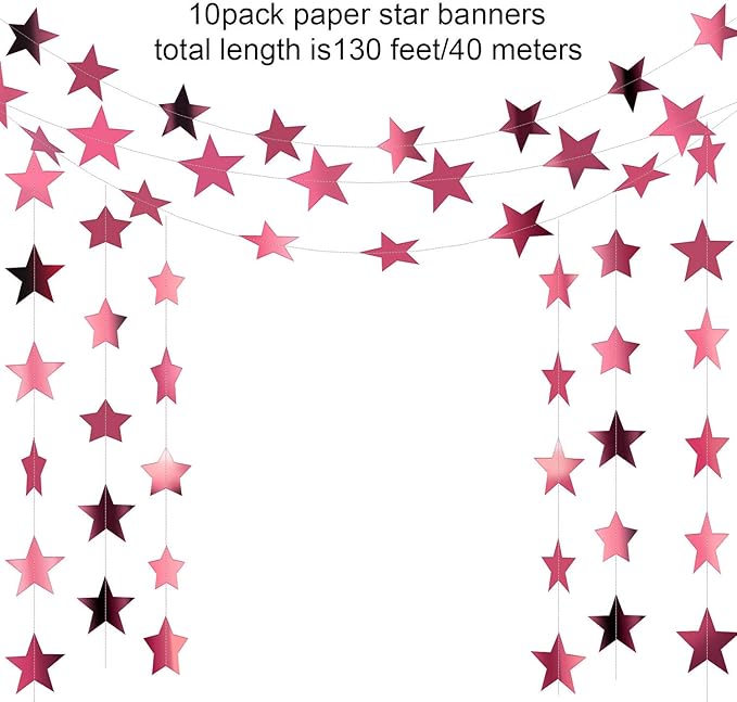 Patelai Glitter Star Garland Banner Christmas Decor 130 Feet Star Hanging Bunting Banner Twinkle Backdrop for Homecoming Classroom Wedding Birthday Halloween Party Supplies(Rose Pink)