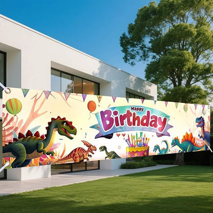 Nuxovilar Happy Birthday Banner Decorations 17.72x78.74 Inch Dinosaur Theme - Polyester for Indoor Outdoor Birthday Party Decor
