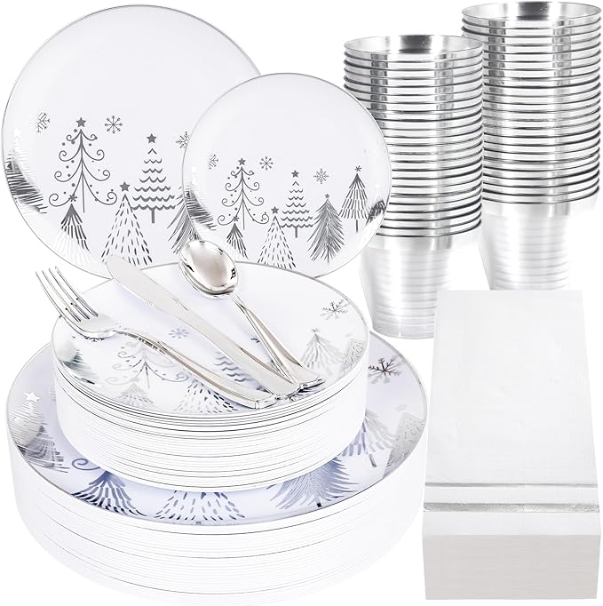 Liacere 175PCS - Silver Christmas tree Plastic Plates-Christmas and Napkins Sets Include 50 Plastic Plates,75 Silver Silverware，25 Cups 25 Napkins