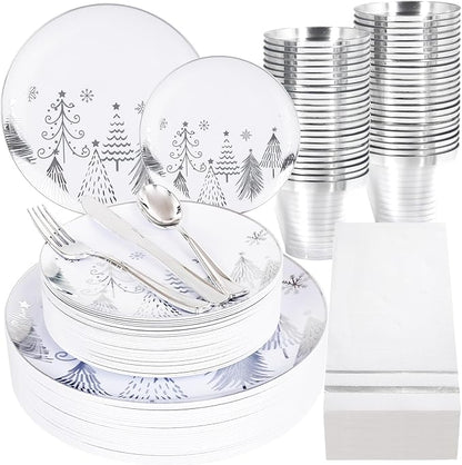 Liacere 175PCS - Silver Christmas tree Plastic Plates-Christmas and Napkins Sets Include 50 Plastic Plates,75 Silver Silverware，25 Cups 25 Napkins