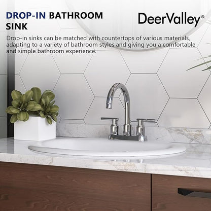DeerValley 20x17 Inch Oval Ceramic Drop-in Bathroom Sink, White Vessel Sink with Overflow and Three Faucet Holes at 1.25-inch Centers, Modern Art Basin, DV-1DS0120