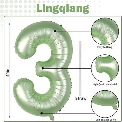 Sage Green Number 3 Balloon, 40In Large Foil Number Balloons Set 0-9 for Women, Self Inflating Olive Green Digital 3 Helium Balloon for Girls Boys 1st Birthday Jungle Safari Party Decorations Supplies