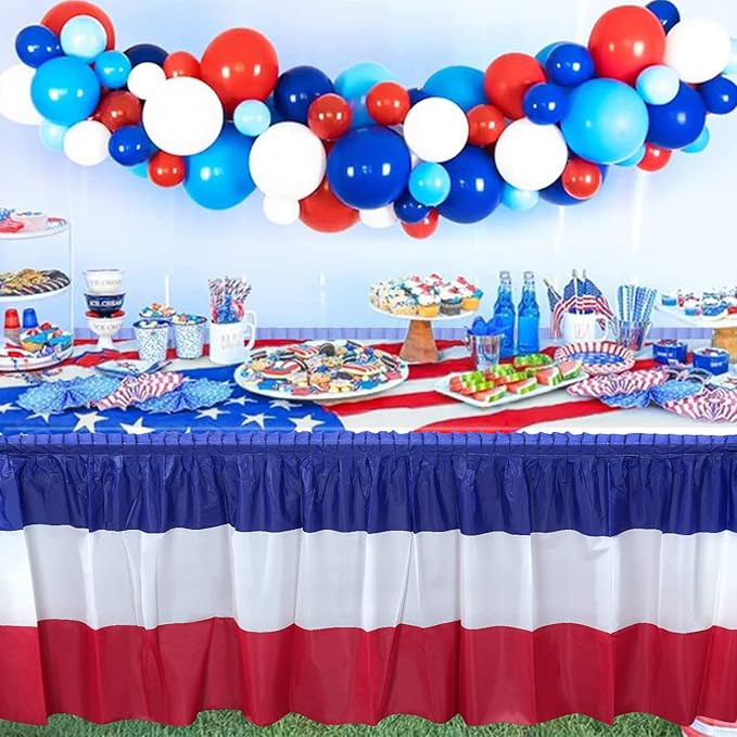 1 Pack 4th of July Plastic Table Skirts Decorations, Red White and Blue Patriotic Disposable Table Skirts, Fourth of July Table Party Decorations for Independence Memorial Veterans Day, 2.4 x 14 Ft