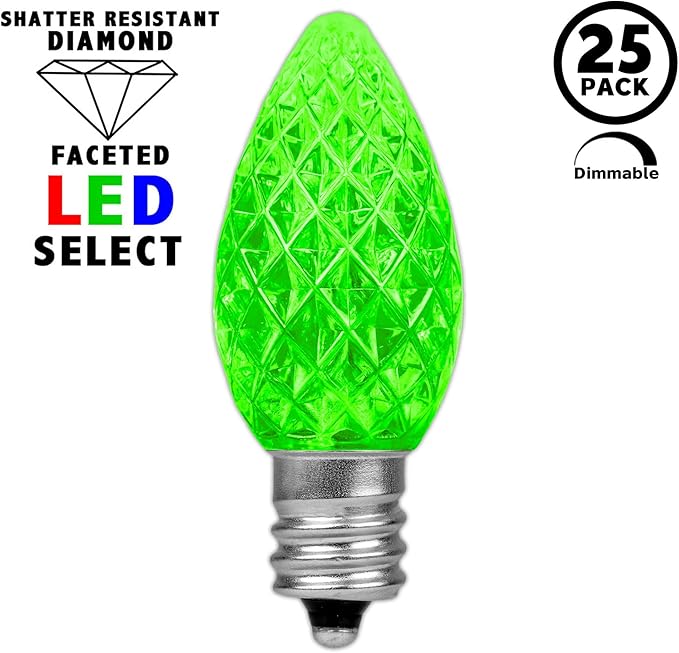 Novelty Lights 25pk Green C7 LED Faceted Christmas Light Replacement Bulbs, Ultra Bright Dimmable Replacement Lamps for Indoor/Outdoor Light Strings