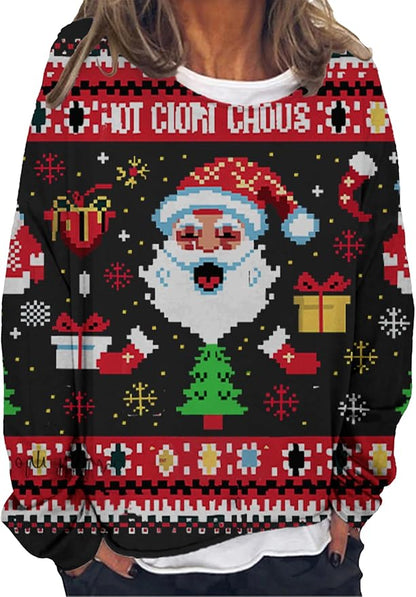 LOAIHA Christmas Shirts for Women Crewneck Snowman Snowflake Santa Graphic Shirts Christmas Tree Long Sleeve Xmas Hoodie