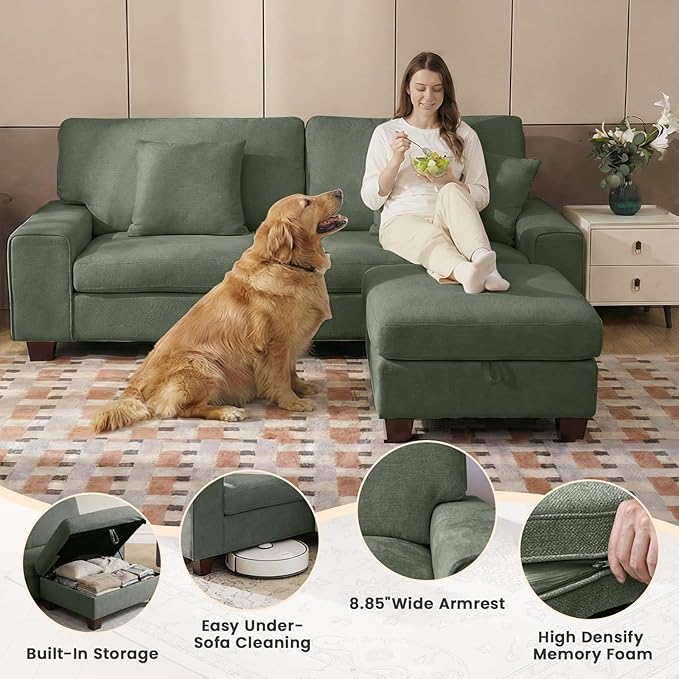 DOPEDIO L-Shaped Sectional Sofa with Storage Ottoman, Modern Chenille Recliner Loveseat, Removable Couch Covers, Pocket Spring Cushions, Solid Wood Frame, Easy to Install (88.58inch, Green)
