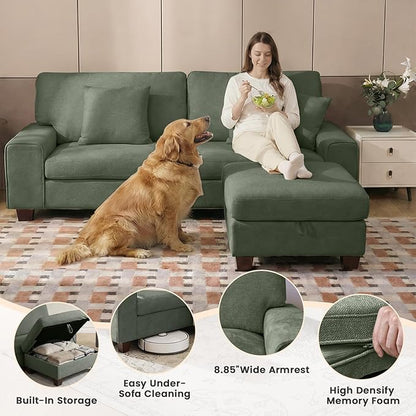 DOPEDIO L-Shaped Sectional Sofa with Storage Ottoman, Modern Chenille Recliner Loveseat, Removable Couch Covers, Pocket Spring Cushions, Solid Wood Frame, Easy to Install (88.58inch, Green)