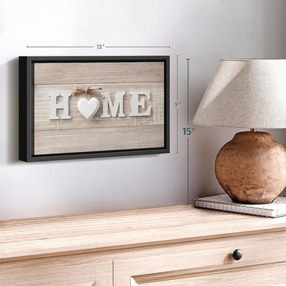 ElephantStock Home Sign Wall Art - Horizontal Floating Framed Canvas - 1-Piece Living Room Wall Decor - Photography Typography Canvas Print - Brown and Beige Decor for Wall - 13" X 9"