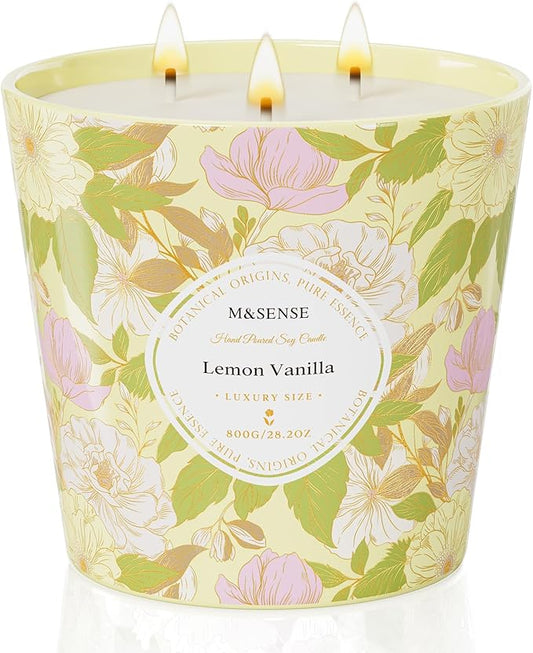 M&SENSE Lemon Vanilla Scented Candle, 28.2oz 3 Wick Natural Soy Wax Large Candles, Long Lasting Clean Slow Burning No Toxic Décor for Home Relaxation, Romantic Dates & Gift-Giving