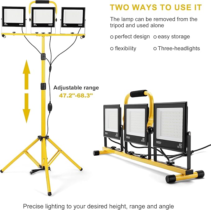 30000 Lumen Work Lights with Stand, 3 Adjustable Head LED Work Light, with Adjustable and Foldable Tripod Stand, Waterproof Lamp with 6500 Kelvin Color Temperature