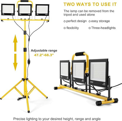 30000 Lumen Work Lights with Stand, 3 Adjustable Head LED Work Light, with Adjustable and Foldable Tripod Stand, Waterproof Lamp with 6500 Kelvin Color Temperature