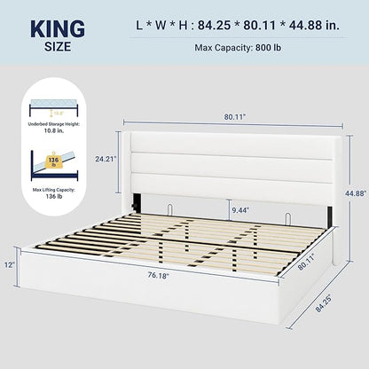 Allewie King Size Velvet Lift Up Storage Bed, Modern Wingback Headboard, Hydraulic Support, No Box Spring Needed, White