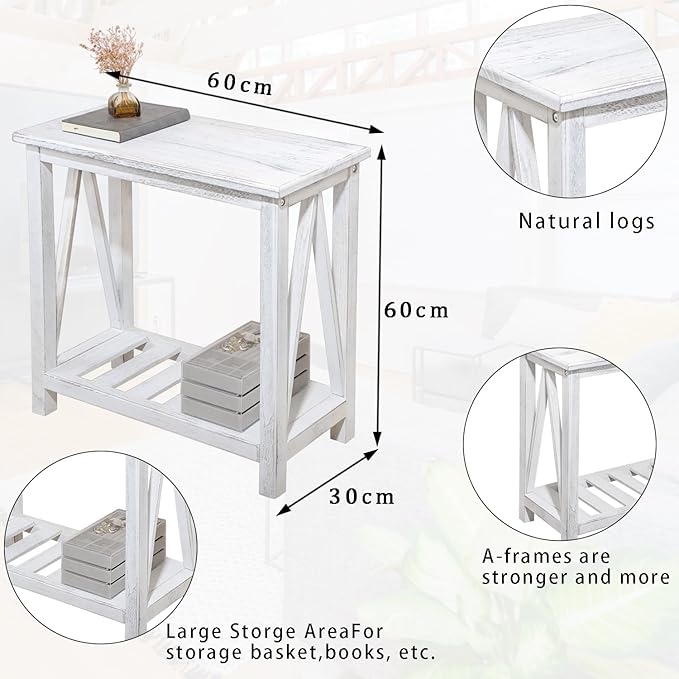 Farmhouse Narrow End Table Wooden Rustic White Side Tables with Storage Shelves Narrow Sofa Table for Small Spaces Living Room Bedroom Bathroom Dorm