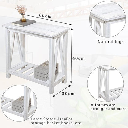 Farmhouse Narrow End Table Wooden Rustic White Side Tables with Storage Shelves Narrow Sofa Table for Small Spaces Living Room Bedroom Bathroom Dorm