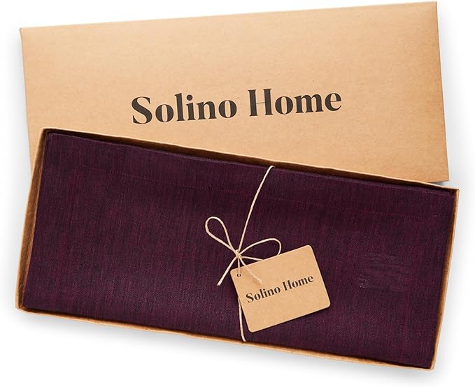 Solino Home Linen Chambray Burgundy Table Runner 120 Inches Long - Athena, 100% Pure Linen 14 x 120 Inch Table Runner for Fall, Autumn, Christmas, New Year