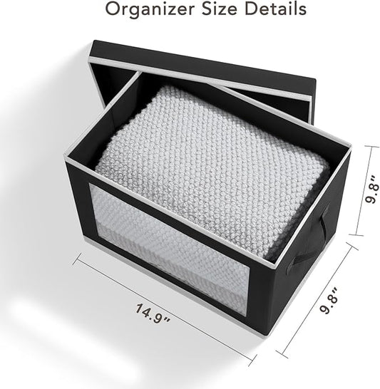 Storage Boxes with Lids - 5 Pack Foldable Clear Window Storage Bins, Large Decorative Storage Bins with Handles, Storage Containers for Clothes, Towel, Blanket, Sheet, Black