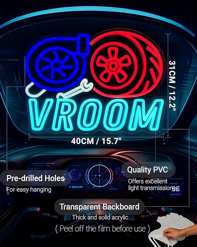 VROOM Neon Sign for Car Lovers - 15.7’’ × 12.6’’ LED Wall Light with Turbo & Tire Design, USB Powered, Dimmable Garage Decor for Man Cave, Racing Room, Gamer Setup, Auto Enthusiast Gift