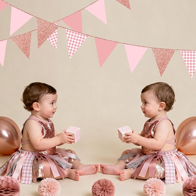 Dusty Rose Pink Buffalo Plaid Rose Gold Party Decorations Pennant Banner Flag Hanging Glitter Paper Triangle Bunting for Women Girls Birthday Baby Shower Wedding Bridal Shower Hen Party Supplies