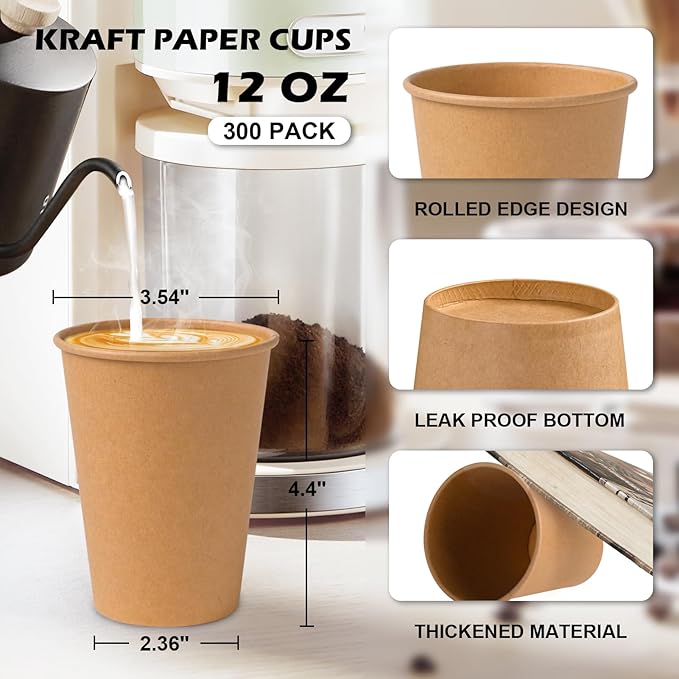 SIUQ 300 Pack 12 oz Kraft Paper Cups, Unbleached Disposable Paper Coffee Cups, Thickened Hot/Cold Beverage Drinking Cup for Party, Home, Cafes, Bistros, Businesses (Brown)