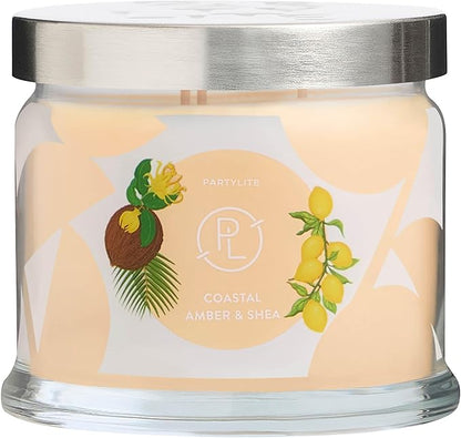 PartyLite Coastal Amber & Shea Scented, Notes of Ylang Flower, Citron, Sweet Coconut & Amber Creme, 13.2oz 3-Wick Jar Candle, 45 Hour Burn Time, Luxurious Fragrance, Ideal for Gifting