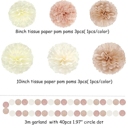 Champagne-Gold Beige Boho Baby-Shower Party-Decorations - 23pcs Fall Rustic Neutral Bridal Wedding Paper Tissue Pom Poms Streamers,Retro Tassel Garland,Girl Birthday Banner Decor Lasting Surprise