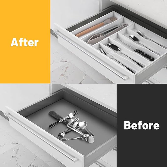 Kitchen Bamboo Silverware Organizer, Kitchen Drawer Organizer - Utensil Holder and Cutlery Tray with Grooved Drawer Dividers for Flatware 7 Slot, White