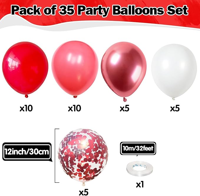 Red Balloons Set 12 Inch Red and White Balloons 35 Pcs Metallic Red Confetti Balloon for Girls Women Valentines Engagement Wedding Confession Bachelorette Bridal Shower Birthday Party Decorations