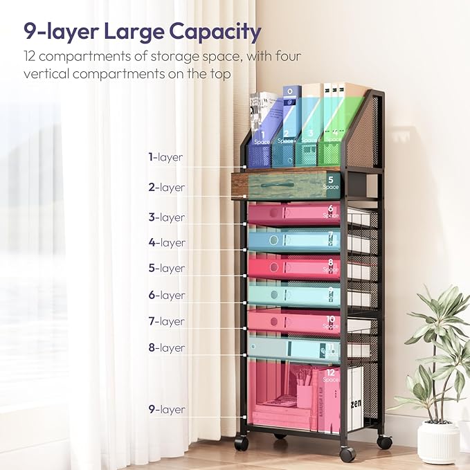 SWTYMIKI 9-Tier Rolling File Cart - Paper Organizer with Drawer and Trays, Wood Desk Office Organizer, Office Organization and Binder Storage for Workspace, Home, School, Espresso