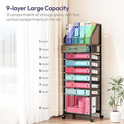SWTYMIKI 9-Tier Rolling File Cart - Paper Organizer with Drawer and Trays, Wood Desk Office Organizer, Office Organization and Binder Storage for Workspace, Home, School, Espresso