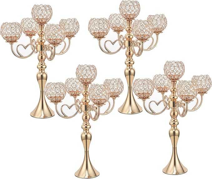 Pack of 4 Gold Crystal Candle Holders 5 Arms Candelabra Centerpiece for Wedding Palace Themed Centerpieces,Metal Candlestick Holders for Dinning, Table,Anniversary Party, Formal, Event Decorative