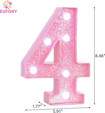 Pink LED Light Up Marquee Numbers, Glitter Lighted Numbers Signs Battery Operated for Girls 4th 14th 24th Birthday Party Decorations, Room Table Top Decor, Pink Number 4 with Cool White Lights