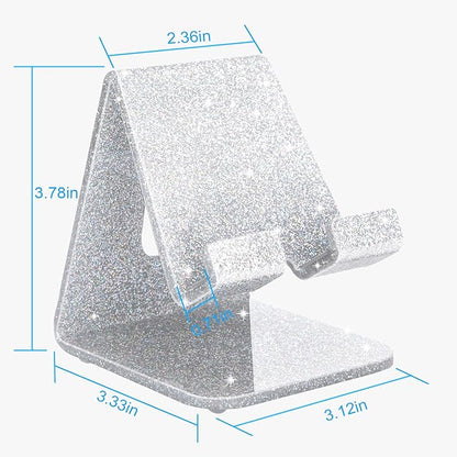 Crpich Acrylic Cell Phone Stand, Portable Phone Holder, Phone Stand for Desk, Compatible with Phone16 15 14 13 12 Pro Max Mini 11 Xr Plus SE, Switch, Android Smartphone, Pad, Tablet, Glitter Silver