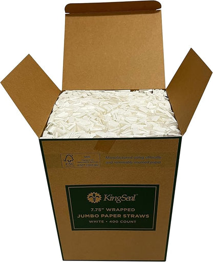 400 Count | Kingseal Disposable PAPER Drinking Straws, FSC Certified, Paper Wrapped, WHITE, 7.75 Inch Length x 6mm Diameter, "Jumbo" Size, Biodegradable, Earth Friendly, Bulk Pack - 400 Straws Per Box