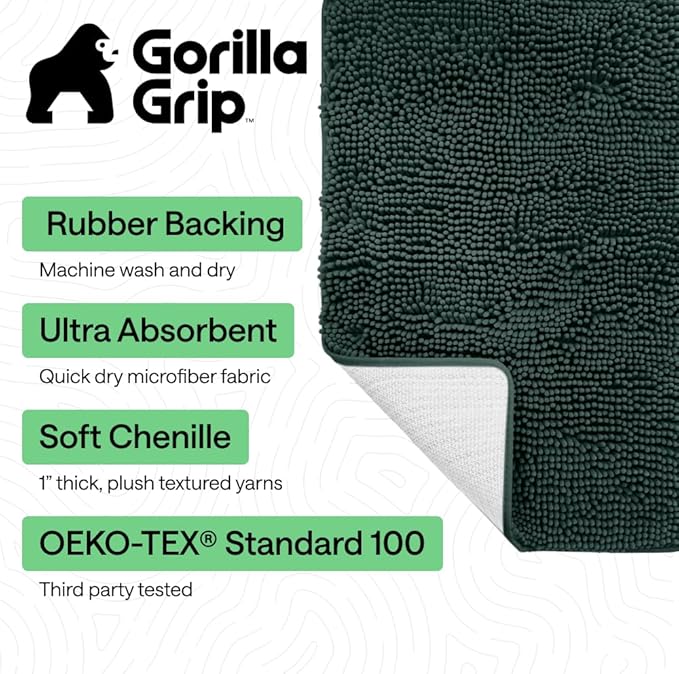 GORILLA GRIP Bath Rug Mat 30x20, Thick Soft Absorbent Chenille, Quick Dry Microfiber Mats, Rubber Backing Washable Shower Floor Rugs, US Designed Bathroom Bathmat Home Decor Accessories, Hunter Green