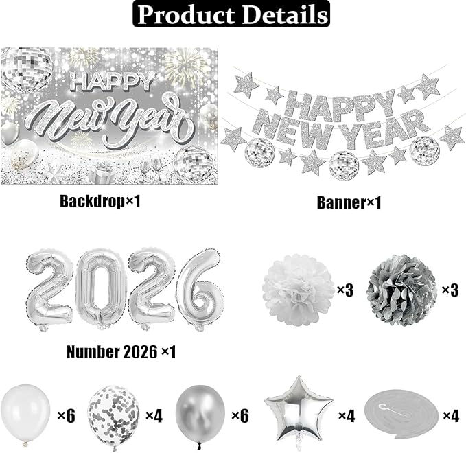 New Years Eve Party Supplies 2026 Happy New Year Decorations Kit - Silver Happy New Year Banner, Backdrop, 2026 Balloons, Pom Poms and Hanging Swirls for Kids Adults Party Decor