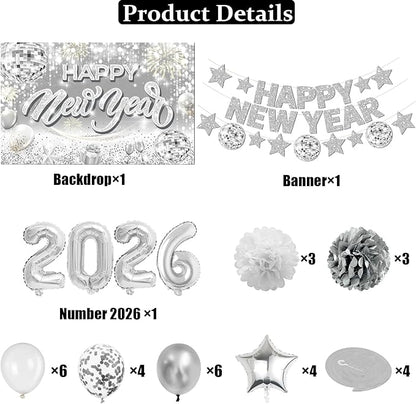 New Years Eve Party Supplies 2026 Happy New Year Decorations Kit - Silver Happy New Year Banner, Backdrop, 2026 Balloons, Pom Poms and Hanging Swirls for Kids Adults Party Decor