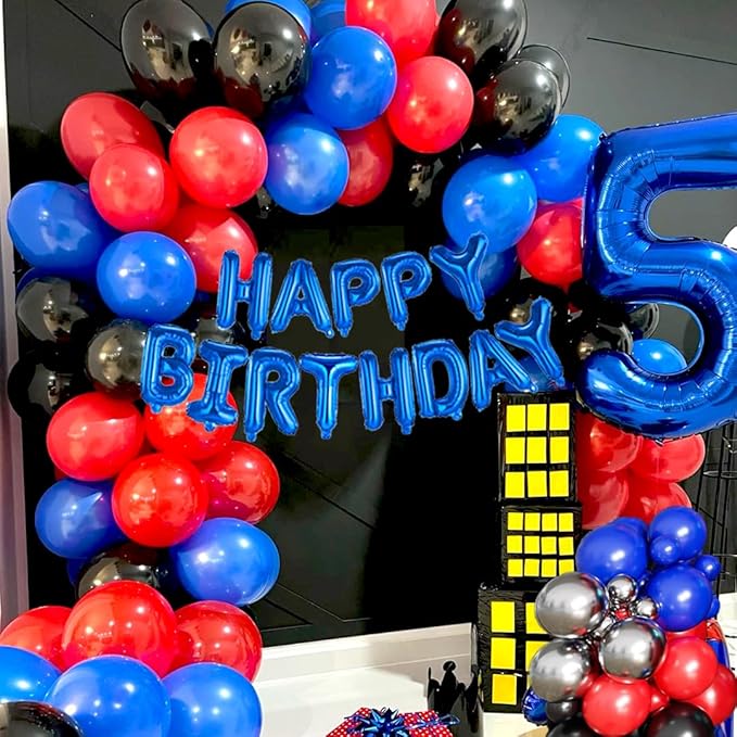 50pcs 12 Inch Black Red and Blue Balloons, Red Blue Silver Balloons Red Blue Balloon Black Red Blue Confetti Silver Latex Balloons for Birthday Baby Shower Graduation Party Decorations