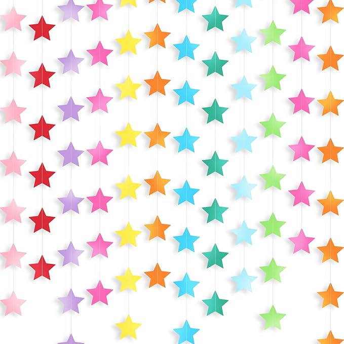 Patelai Glitter Star Garland Banner Christmas Decor 130 Feet Star Hanging Bunting Banner Twinkle Backdrop for Homecoming Classroom Wedding Birthday Halloween Party Supplies(Rainbow)