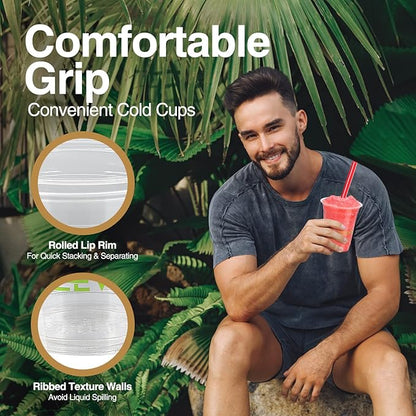 Eco Compostable Plant-Based Clear Plastic Cups 12oz Thick, Reusable, Disposable Iced Coffee Cups for Smoothies, Beer & Any Beverages for Parties, Weddings & Gatherings
