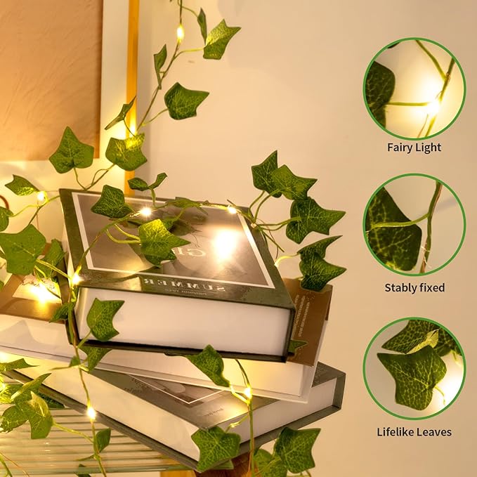 Fake Plants Vines,33ft 100 LED Artificial Ivy Garland with Fairy Lights,for Home Living Room Bedroom Wall Art Aesthetic Office Coffee Wedding Party Farmhouse Dorm Outdoor Garden Decor