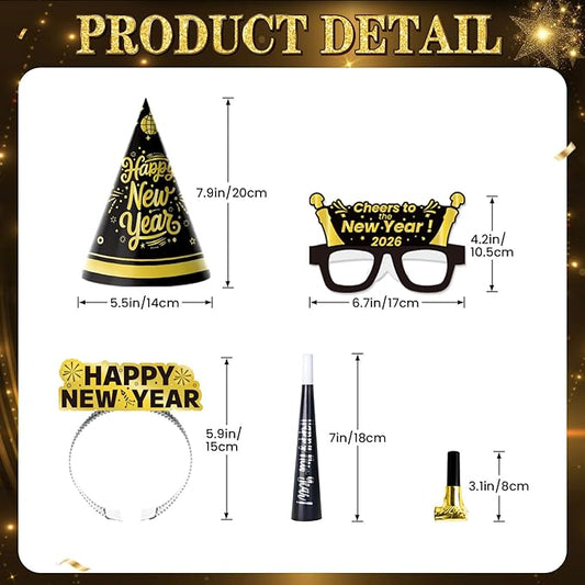144PCS New Years Eve Party Supplies 2026 for 48 Guests, Happy New Years Decorations Party Favors Includes Cone Hats, Tiaras, Glasses, Noise Makers Accessories for Adults Kids