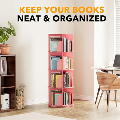 SpaceAid 4 Tier Rotating Bookshelf Tower, Spinning Bookcase Lazy Susan, Revolving 360 Book Shelf Storage Round Carousel, Vertical Rotate Turning Spiral Corner Organizer, Pink