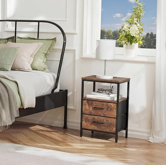 Huuger Nightstands Set of 2, End Tables with Charging Station, Fabric Drawers, Bedside Tables with USB Ports and Outlets, Night Stands for Bedroom, Rustic Brown