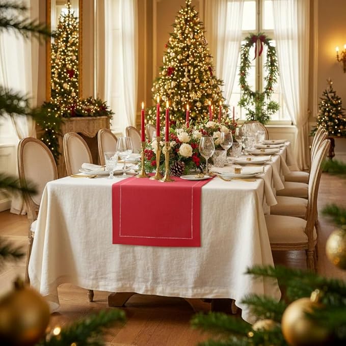 D'Moksha Homes Linen Bright Red Table Runner 72 Inches Long - 100% Pure Linen Hemstitch Table Runner 14 x 72 Inch for Dresser, Dining, Winter, Christmas, Holiday - Classic Hemstitch