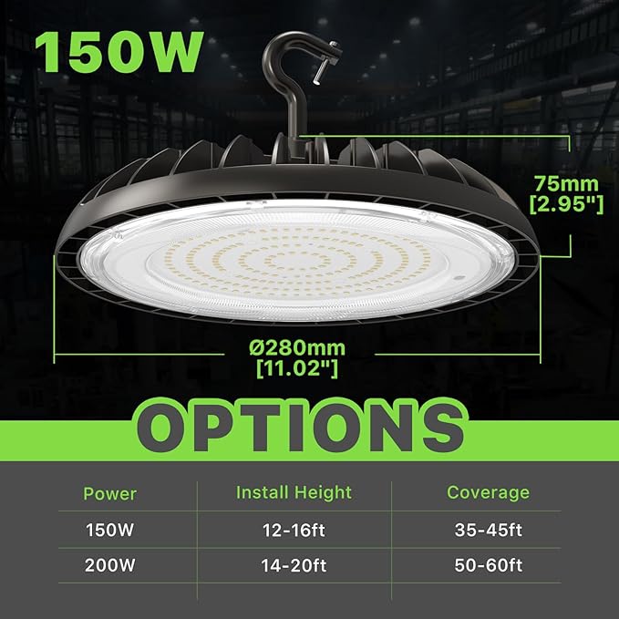 Glitgate LED High Bay Light 150W, 21000lm 5000K UFO Lights(600W MH/HPS Equiv.),Commercial Bay Lighting with 5ft Cable US Plug for Garage Shop Barn Warehouse, 6 Pack