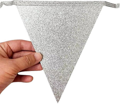Teal Blue and Silver White Pennant Banner Flag Hanging Glitter Paper Triangle Bunting for Birthday Baby Shower Graduation Bridal Shower Wedding Engagement Turquoise Aqua Party Decorations Supplies