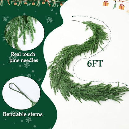 MIZII Christmas Garlands 6 Feet Artificial Norfolk Pine Garland Real Touch Green Pines Vine Greenery Garland Christmas Decoration for Xmas Fireplace Mantle Home Decor Indoor Outdoor (Norfolk Pine)