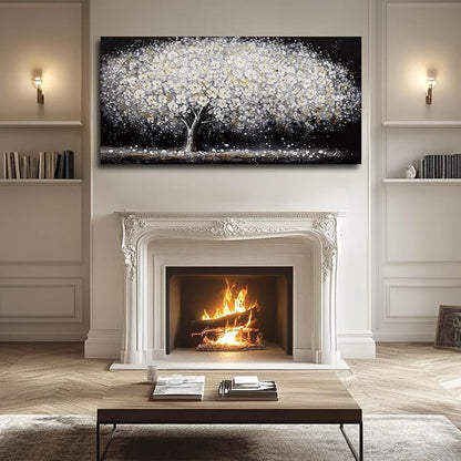 NBAODAN Large Modern Artwork Black and White Tree Picture Wall Decor Canvas Wall Art for Living Room Dining Room Kitchen Bedroom 29"x58" White Floral With Gold Decorations