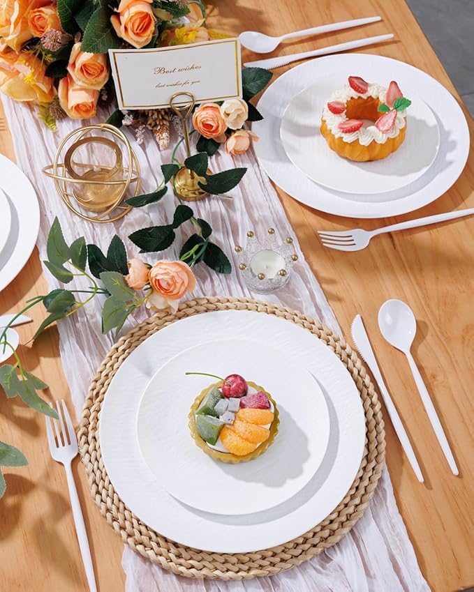 WONDERFUL 32pcs White Plastic Plates Reusable Unbreakable Dinnerware Set Dishes Set Dishwasher Safe Outdoor Plates Includes:16 Dinner 10" and 16 Dessert Plate 7.3" Ideal for Thanksgiving Christmas