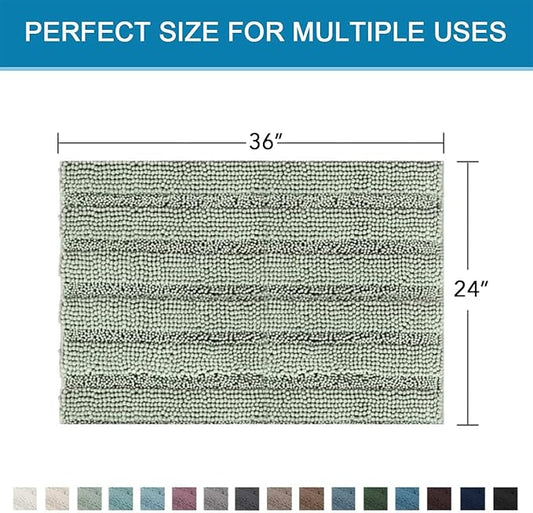H.VERSAILTEX Bath Mats for Bathroom Non Slip Extra Thick Chenille Striped Bath Rug 24" x 36" Absorbent Non Skid Fluffy Soft Shaggy Rugs Washable Dry Fast Plush Mats for Indoor, Bath Room, Tub - Sage